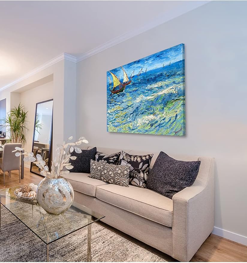 DECORARTS - Fishing Boats at Sea, Vincent Van Gogh Art Reproduction. Giclee Print on Canvas. Wall Art for Home. 40x32