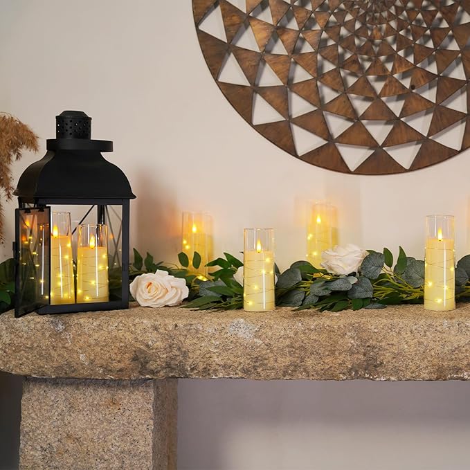 Raycare Flameless LED Candles with Embedded Star String, 9 Pcs Battery Operated Acrylic Pillar Candle with Timer and Remote, Flickering Candles for Romantic Ambiance and Home Decoration (Ivory)