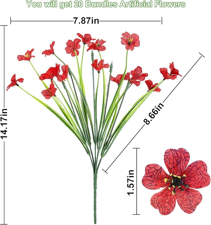 20 Bundles Artificial Flowers for Outdoors or Indoor Garden Home Decoration,No Fade Fake Flowers Faux Plants for Decoration Hanging Planters,Porch Window Box Garden Wedding Farmhouse Fake Plants
