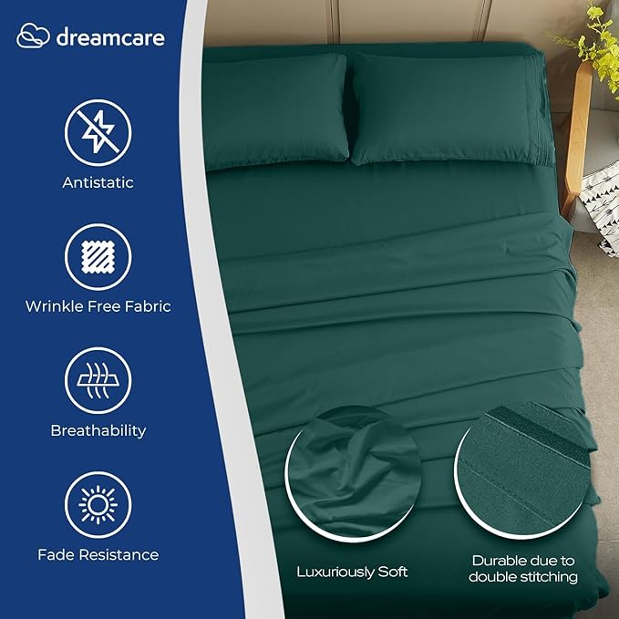DREAMCARE Twin XL Sheets Set - 4 Pcs Cooling Bed Sheets with Up to 15" Deep Pockets - Soft, Long-Lasting 100% Brushed Polyester with Side Pocket (Emerald Green)