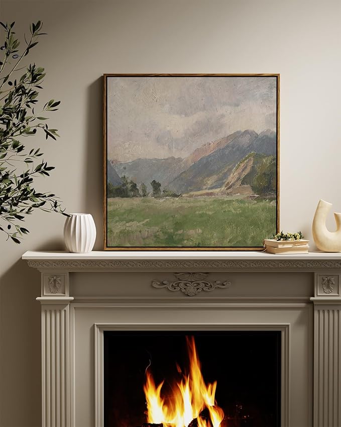 InSimSea Square Framed Canvas Wall Art, Large Decor Retro Prairie Mountain Landscape Paintings, Nature Scenery Wall Pictures for Bedroom Living Room, Canvas Prints Vintage Decor 24"x24"