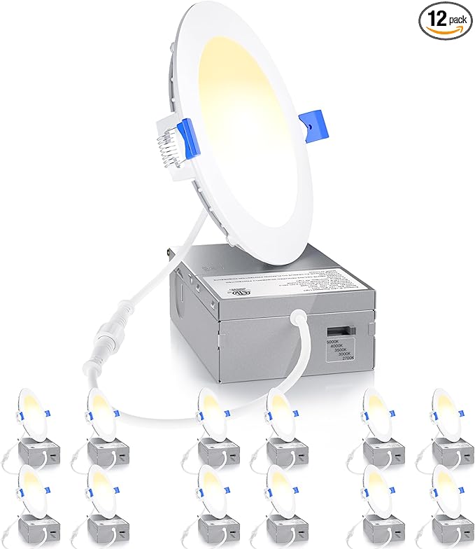 Ensenior 12 Pack 4 Inch LED Recessed Light, Dimmable, 2700K-5000K 5CCT, 750LM High Brightness, 9W 120V, Damp Rated, Ultra-Thin Canless Wafer Ceiling Light - ETL & FCC & IC