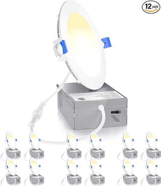 Ensenior 12 Pack 4 Inch LED Recessed Light, Dimmable, 2700K-5000K 5CCT, 750LM High Brightness, 9W 120V, Damp Rated, Ultra-Thin Canless Wafer Ceiling Light - ETL & FCC & IC