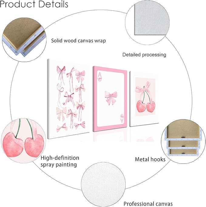 WRFON Trendy Pink Bows Canvas Wall Art, Vintage Preppy Cherry Poster Prints, Pink Watercolor Bows Wall Decor, Coquette Girly Room Aesthetic Pictures for College Apartment Bedroom Framed 16"x24"x3