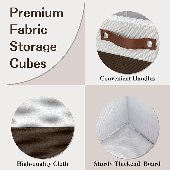 Temary Foldable Cube Baskets 4Pack - Shelf Storage Bins with Handles, Fabric Storage Organizer for Clothes, Home (White&Brown, 13x15x13 Inch)