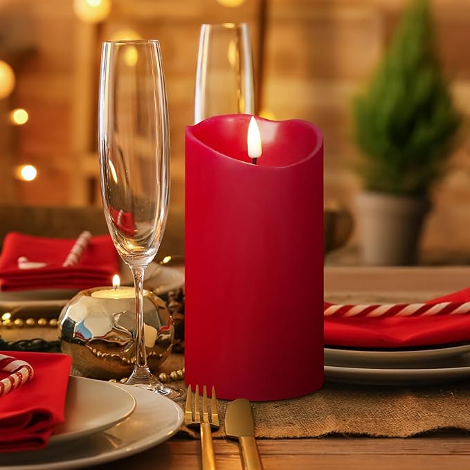 Eywamage Red Flameless LED Pillar Candles with Remote, Real Wax Flickering Battery Operated Christmas Candles Set of 3