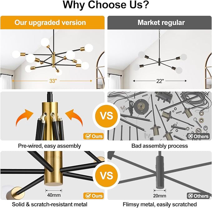 33" Modern Chandelier Ceiling Light Fixture, 10-Light Sputnik Chandeliers Gold and Black Dining Room Light Fixture, Height Adjustable Chandeliers for Dining Room Living Room Kitchen Island
