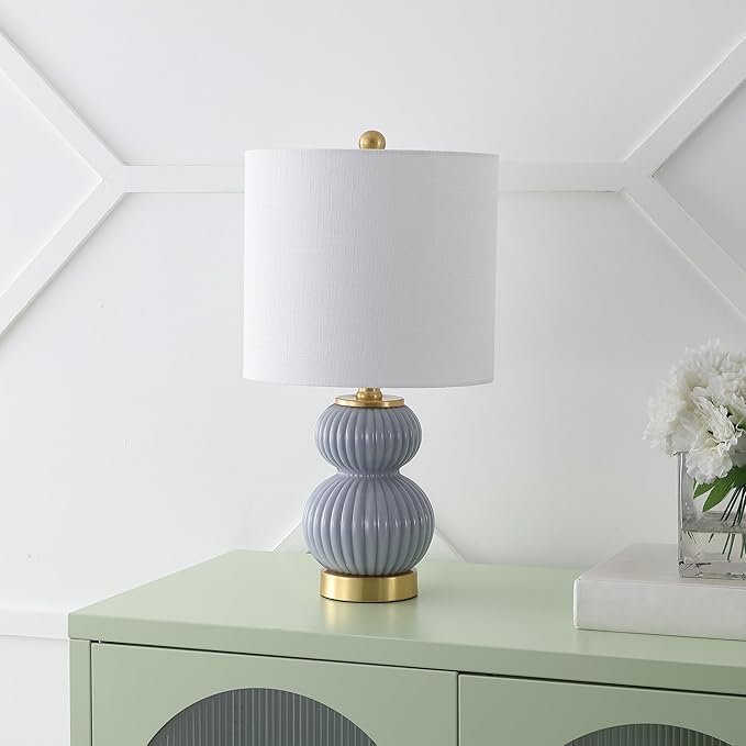 JONATHAN Y JYL1099C Daphne 20" Contemporary Transitional Metal/Glass Ribbed Gourd LED Table Lamp Bedroom, Living Room, Office, Dining Room, Gray/Brass Gold
