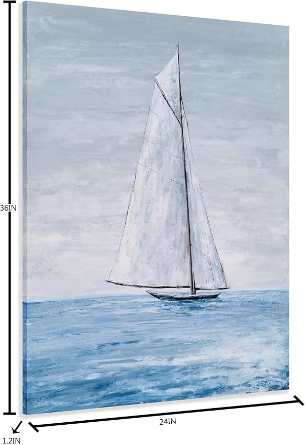 Yihui Arts Coastal Canvas Wall Art - Blue and White Nautical Boat Painting for Bathroom, Living Room, Bedroom, and Hallway Decor