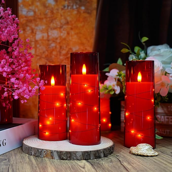Flameless LED Candles with Timer 9 Pc Flickering Flameless Candles for Romantic Ambiance and Home Decoration Stable Acrylic Shell,with Embedded Star String，Battery Operated Candles（Red）