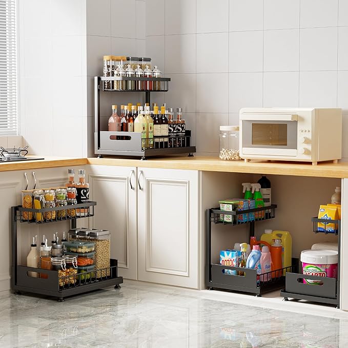 Under Sink Organizer Storage 2-Tier Premium Metal Pull-Out Racks, Height Adjustable, Easy Installation | Kitchen & Bathroom Organizers Pack of 1