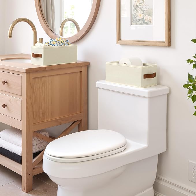 GRANNY SAYS Small Fabric Storage Bins, Storage Baskets for Shelves with PU Handles, Toilet Paper Storage, Mini Baskets for Organizing DVD, Photos, Clothes, Diaper, Sock, Cd, 6-Pack, Ivory