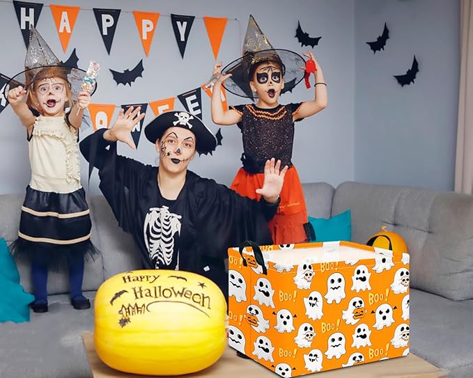 CLOCOR Rectangular Storage Basket Empty, Gift Basket for Halloween, Waterproof Storage Bin with Handles, Room Decor(Boo Ghosts)