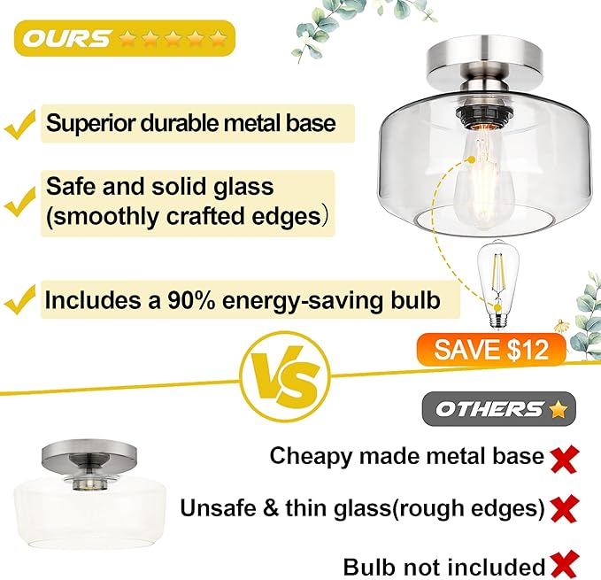 Industrial Semi Flush Mount Ceiling Light Brushed Nickel, 800 Lumen LED Bulb Included, Clear Glass Shade Ceiling Light Fixture, Farmhouse Light Fixture for Hallway Corridor Kitchen Bathroom Bedroom