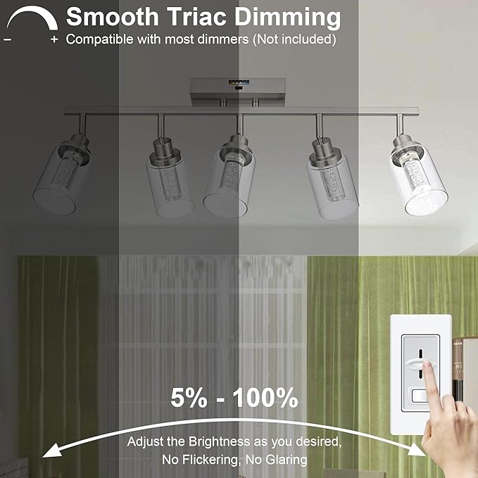 MELUCEE LED 5 Light Track Lighting Kit, Brushed Nickel Ceiling Spotlights Vanity Lights Modern Track Light Fixture with Flexibly Rotatable Heads, Built-in LED Chips, 5-Color Temperature Adjustable