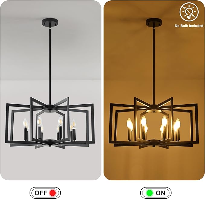 8-Light Modern Farmhouse Black Geometric Chandelier, Adjustable Height Dining Room Light Fixtures Over Table, Large Industrial Metal Chandeliers for Dining Room Kitchen Island Entryway