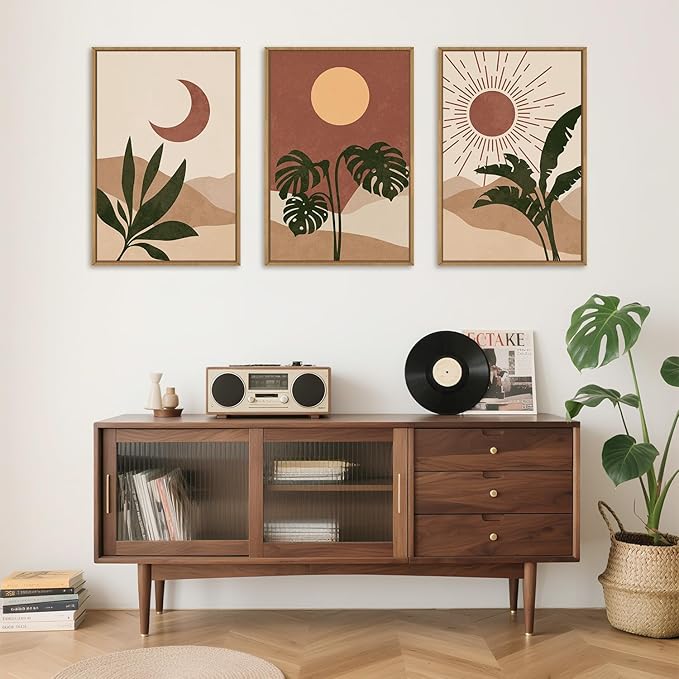 KAIRNE Mid-Century Modern Wall Art Set of 3, Boho Sun and Moon Wall Decor, Bohemian Abstract Botanical Wall Painting, Modern Nature Art Prints for Living Room, Bedroom, Office - 24"x36"