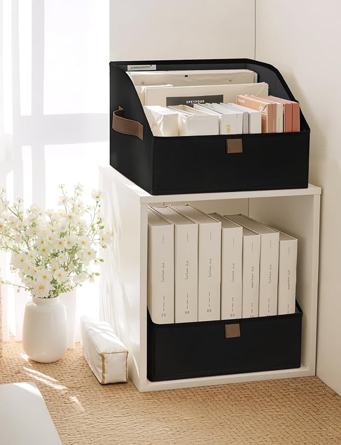 StorageWorks Closet Storage Bins, Trapezoid Organizer Box for Shelves, Fabric Clothes Bin, Foldable Organizing Baskets with Handles, Small, Black, 3-Pack