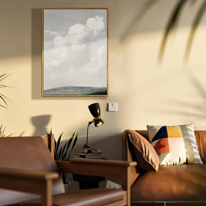 crmotu Vintage Framed Wall Art, Blue Sky White Cloud Canvas Prints, Nature Landscape Aesthetic Decor Pictures, Minimalist Retro Wall Paintings for Living Room Bathroom Bedroom Kitchen Desktop 12x16in