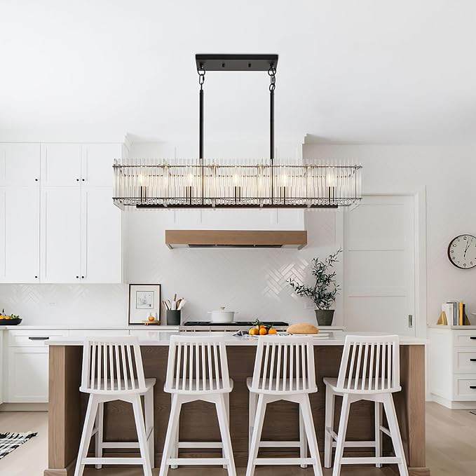 5-Light Modern Crystal Chandelier Luxury Black Dining Room Light Fixture Over Table Rectangle Farmhouse Hanging Pendant Lighting for Living Room, Kitchen Island Ceiling Lights