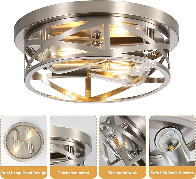 Brushed Nickel Flush Mount Ceiling Light Fixture,2-Light Industrial Farmhouse Ceiling Light Fixture，Brushed Nickel Light Fixture Ceiling Mount for Kitchen Bedroom Living Room 2Pack