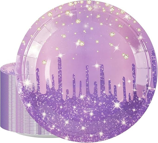 50PCS Purple Glitter Paper Plates 7inch Purple Gold Diamond Birthday Dessert Plate for Cake Salad Pizza Disposable plates Supplies for Girls Women Mermaid Anniversary Birthday Wedding Theme Party