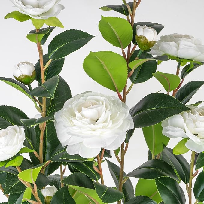 Artificial Camellia Tree 2 Pack, 3FT Faux Camellia Plant in Pot, 36 inch Fake Potted Camellia Flower Tree Plastic Camellia Tree for Modern Home Office Living Room Floor Decor Indoor, White