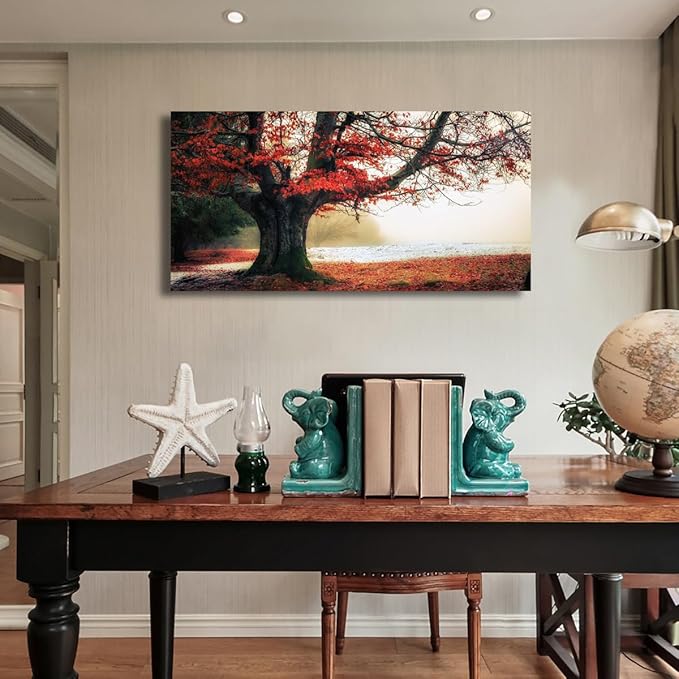 Stunning Nature Landscape Wall Art - 24x48 inches Canvas Artwork of Sunrise Forest Scenery with Red Leaves. Perfect Wall Decoration for Living Room, Bedroom and More