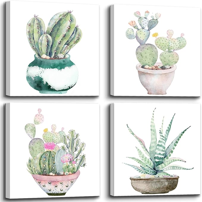 Succulent Bathroom Decor Cactus Canvas Wall Art, Green Botanical Pictures Print, Watercolor Plant Paintings Artwork for Bedroom Living room Office Decoration - 12" X 12"