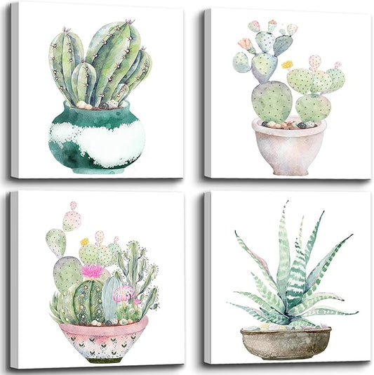 Succulent Bathroom Decor Cactus Canvas Wall Art, Green Botanical Pictures Print, Watercolor Plant Paintings Artwork for Bedroom Living room Office Decoration - 12" X 12"