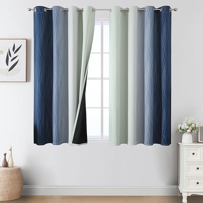 Estelar Textiler Navy Blue and Sage Green Blackout Curtains 54 Inch Length, Full Light Blocking Gradient Grommet Drapes for Kitchen, Thermal Insulated Ombre Curtains for Bedroom, 52Wx54L, 2 Panels