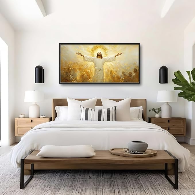 Jesus Framed Wall Art for Living Room, Large Christ Canvas Wall Decor, Jesus Golden Light Pictures Painting, Modern Artwork for Bathroom Bedroom Office 60L'' × 30W''