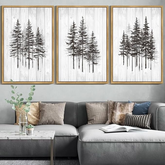 KUVIOKE Modern Pine Tree Framed Wall Decor Nature Forest Wall Decor Vintage Rustic Minimalist Paints for Farmhouse Bedroom Dining Room Decor24x36in (Natural Framed)