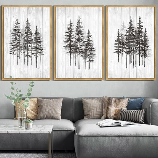 KUVIOKE Modern Pine Tree Framed Wall Decor Nature Forest Wall Decor Vintage Rustic Minimalist Paints for Farmhouse Bedroom Dining Room Decor24x36in (Natural Framed)