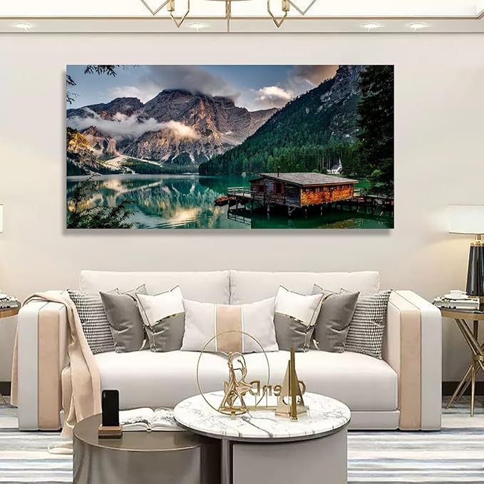 Green Lake Mountain Pictures Canvas Wall Art for Living room Bedroom Wall Decor, Mountain Wall Art Print Paitnings for home Decor,Morden Artwork House in the lake Landscape Canvas Art