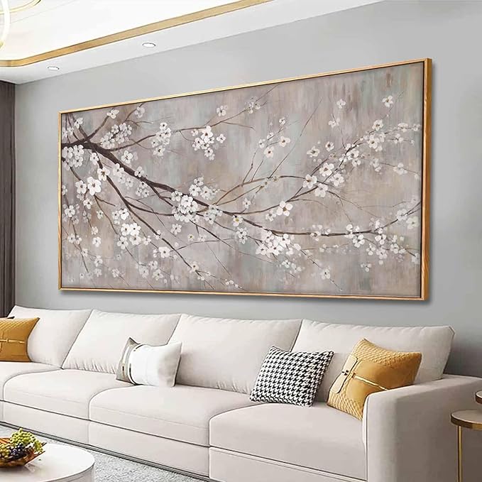 XIANSHOU White Floral Wall Art Plant Canvas Wall Pictures Brown Wall Decor 36"x70" Bedroom Artwork for Wall Over Bed Decoration for Living Room