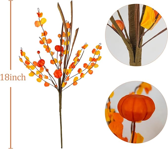 Krissing 6 Pcs Fall Floral Stems,17.3”Fall Berry Stems with Pumpkins Autumn Berry Floral Picks Branches for Vase Autumn Arrangement Centerpieces Harvest Thanksgiving Home Fall Decor