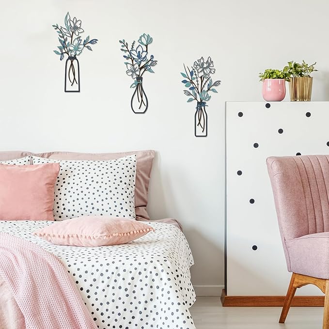 ARTINME 3 Pieces Metal Flowers Wall Arts - Rustic Farmhouse Decor Minimalist Flower Wall Decors for Living room Bathroom Kitchen Bedroom Dining Room - Housewarming Gifts (Blue)