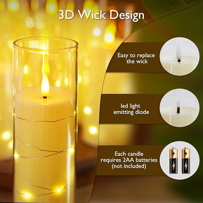 Raycare Flameless LED Candles with Embedded Star String, 5 Pcs Battery Operated Acrylic Pillar Candles with Timer and Remote, Flickering Candle for Romantic Ambiance and Home Decoration(Ivory)