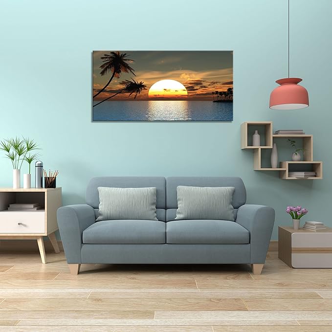 DZL Art S75650 Sunset Coconut Palm Trees Canvas Wall Art Palm Trees on the small island Tropical Scenery Nature Canvas prints Pictures for Living Room Home Office Wall Decor Artwork