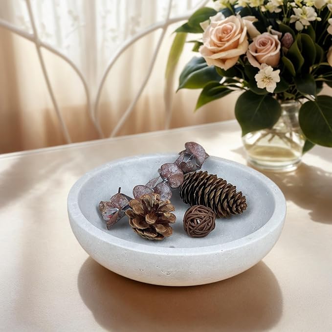 Travertine Decorative Bowls for Home Decor, Fruit Bowl for Kitchen Counter, Keys Bowl for Entryway Table, Large Candy Serving Bowl for Table Centerpiece Office Modern Home Decor (Light Gray)