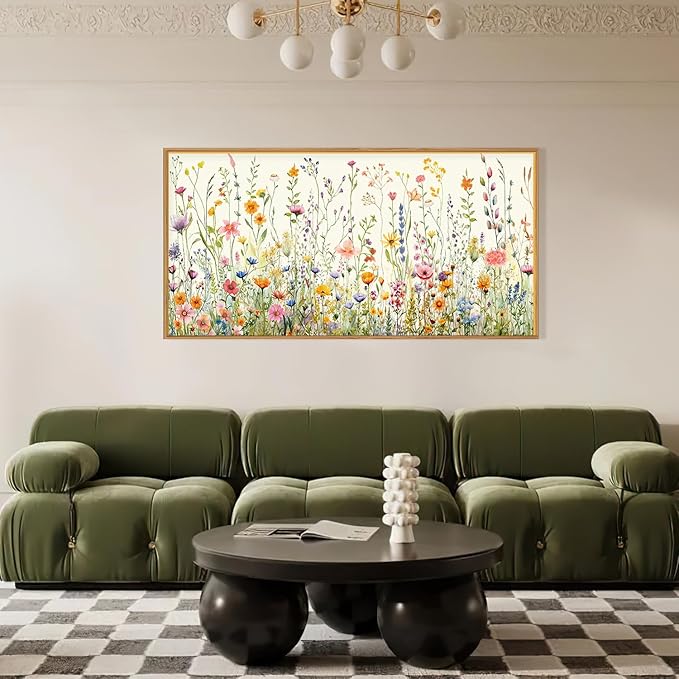 HPINUB Colorful Flower Framed Canvas Wall Art Set, Watercolor Daisy Floral Wall Decor, Wildflower Green Leaf Wall Painting, Multicolour Botanical Art Print for Living Room, Bedroom, Office -20"x40"