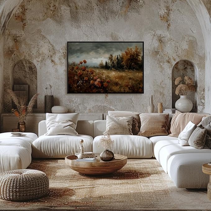 Fall Canvas Wall Art Wildflower Posters Autumn Landscape Pictures Print Art Vintage Rustic Farmhouse Wall Decor 16x24inch black framed