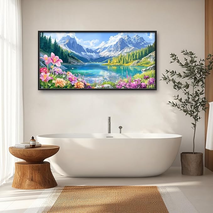 Extra Large Framed Mountain Lake Wall Art,Colorful Wild Flower Wall Decor,Mountain Forest Landscape Pictures for Living Room,Canvas Print Painting Modern Artwork Bedroom Office Bathroom 60L x30W