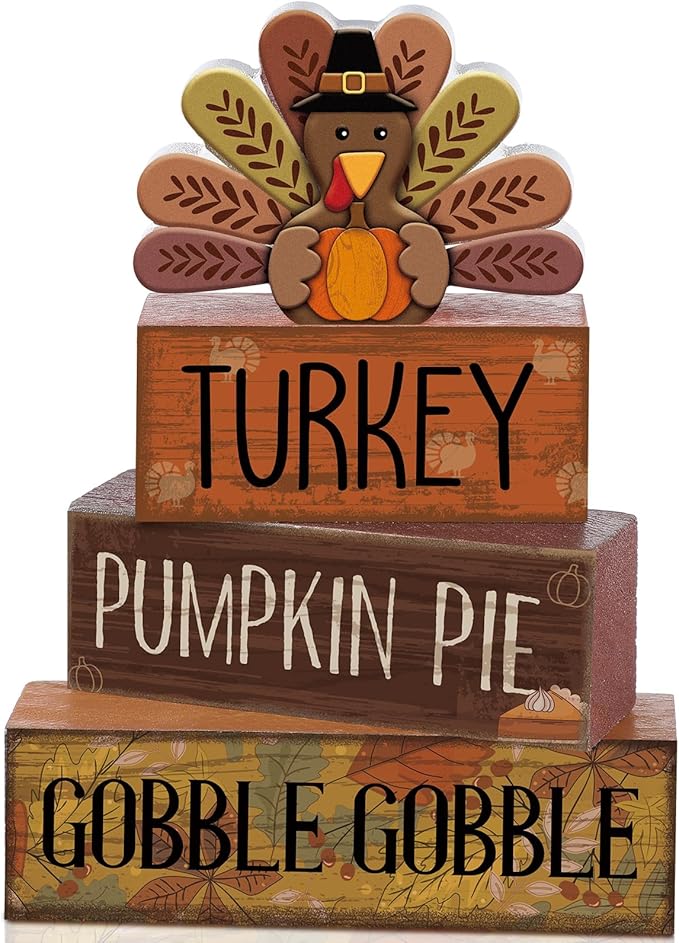 4 Pcs Fall Decorations for Home Thanksgiving Tiered Tray Decor Fall Table Decor Thanksgiving Centerpiece Rustic Wooden Turkey Block Sign for Autumn Harvest Party Table Kitchen Shelf
