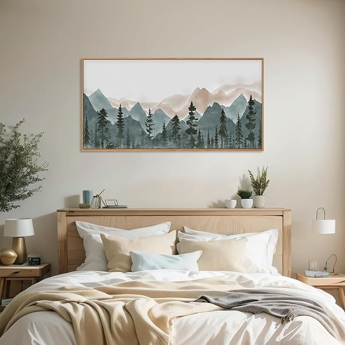 CHDITB Large Mountain Wall Art, 20"x40" Framed Forest Woodland Wall Decor, Pine Tree Landscape Wall Painting, Nature Scenery Canvas Art Prints for Living Room, Bedroom, Office, Dining Room
