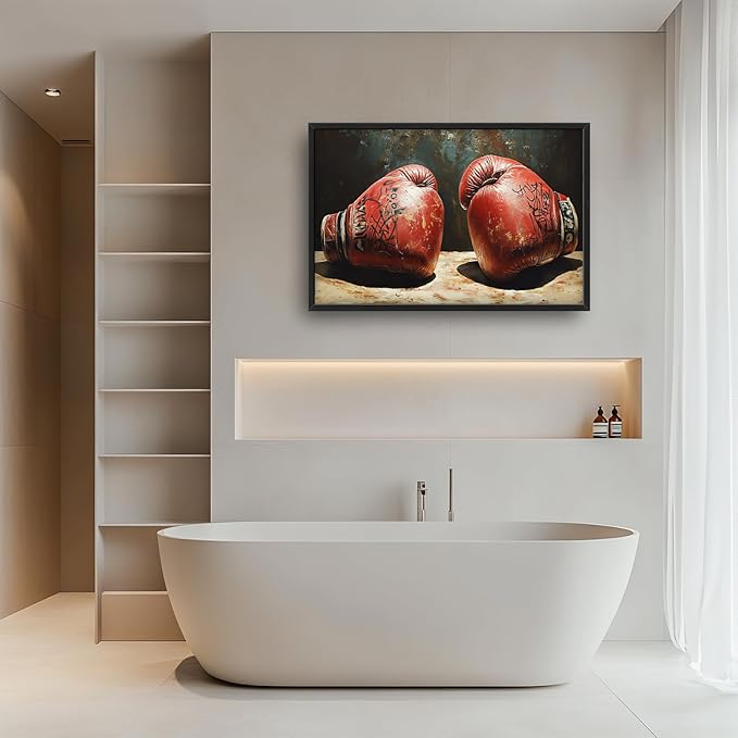 Olivine Sports Wall Art, Boxing Wall Decor, Vintage Boxing Gloves Painting, Graffiti Canvas Prints, Framed Artwork for Bathroom Bedroom Living Room Office Home Decoration 36"x24"