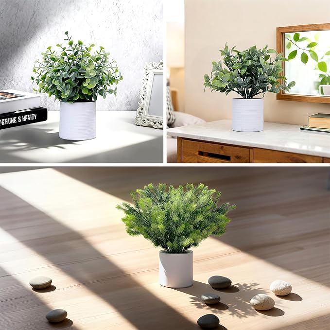 FGSAEOR Mini Potted Fake Plants, Small Artificial Greenery Realistic Plants Topiaries, Low Maintenance, for Home Office Shelf Desk Farmhouse Room Coffee Table Decor (3-Pack) (Grey)
