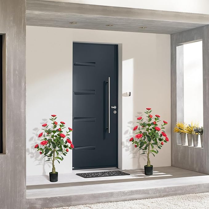 3ft Artificial Camellia Tree with White Silk Flowers - Realistic Faux Flowering Plant for Indoor/Outdoor Decor, Home Staging & Wedding Centerpieces, Set of 2-Red