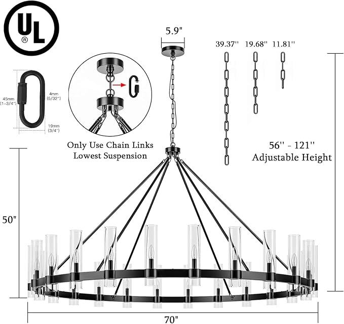 70 Inch Black Wagon Wheel Chandelier with Glass Shade, 24 Lights, Modern Farmhouse Style, Ideal for Dining Room, Kitchen, Entryways